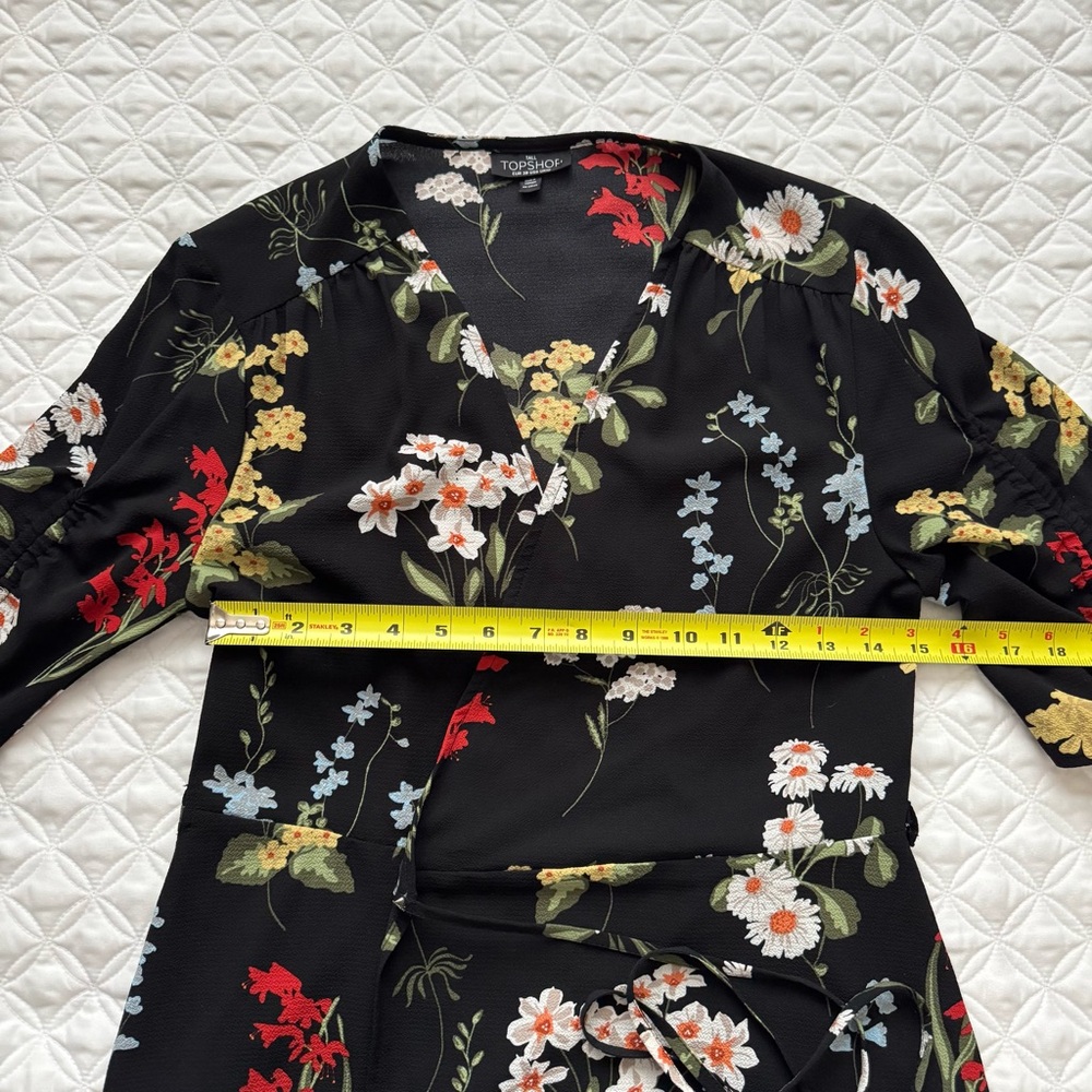 Topshop Black V-Neck Floral Wrap Tie Ruched Elbow Length Sleeve Blouse Sz 6 Tall - Picture 10 of 16